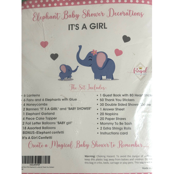 170 PC Elephant Baby Shower Decorations supplies IT'S A GIRL pink gray-Regal - Picture 4 of 5